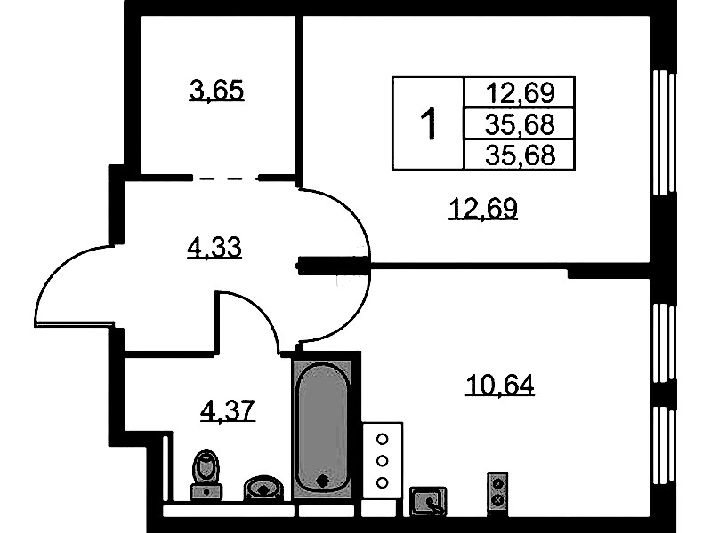 1-комнатная квартира 35.68 м², 9/11 эт., ЖК «Новое Колпино»